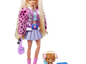 Barbie® Extra Doll #8 in Varsity Jacket with Furry Arms & Pet Teddy Bear – GYJ77