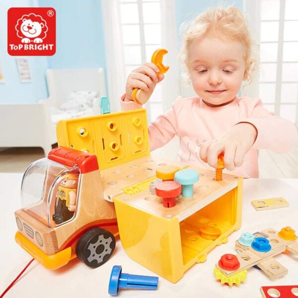 Top Bright – Wooden truck with integrated motor skills workbench and accessories