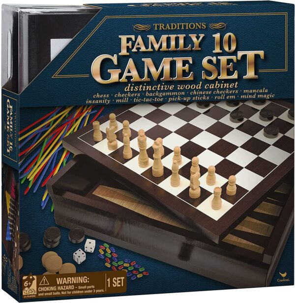 10 Family Games Set in Wood Cabinet