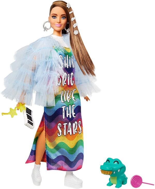 Barbie® Extra Doll in Blue Ruffled Jacket with Pet Crocodile